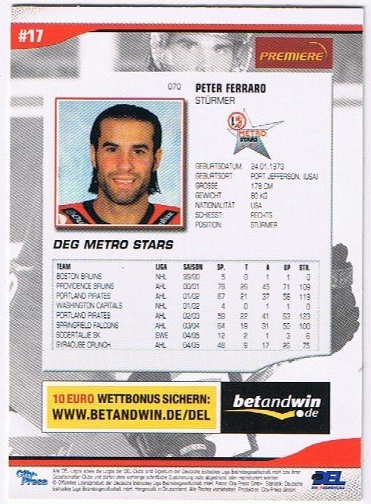 DEL Playerkarte 2005/06 Peter Ferraro DEG Metro Strars