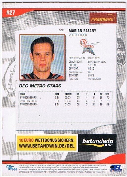 DEL Playerkarte 2005/06 Marian Bazany DEG Metro Strars