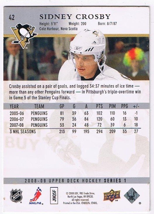 2008/2009 Upper Deck Sidney Crosby Pittsburgh Penguins