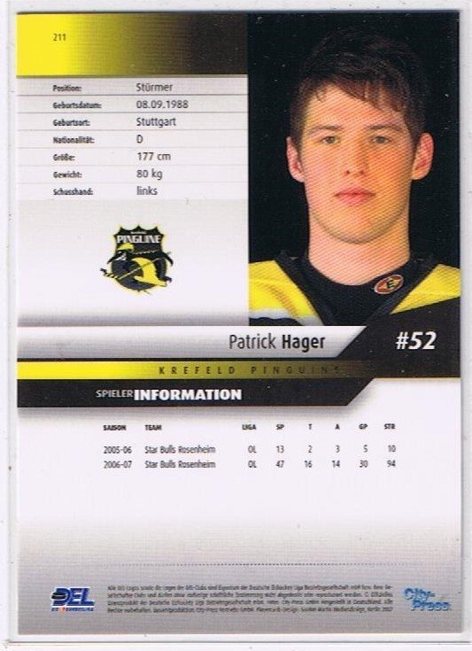 DEL Playerkarte 2007/2008 Patrick Hager Krefeld Pinguine