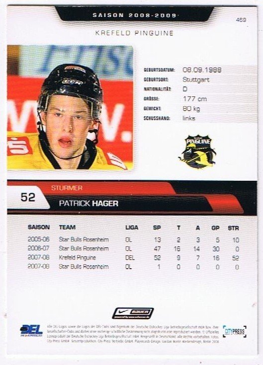 Playerkarte 2008/09 Patrick Hager Krefeld Pinguine