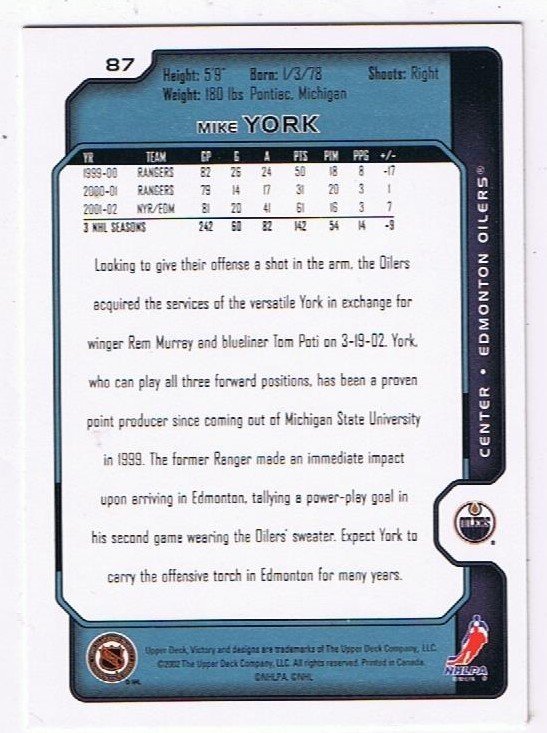 2002/03 Upper Deck Victory Mike York Edmonton Oilers