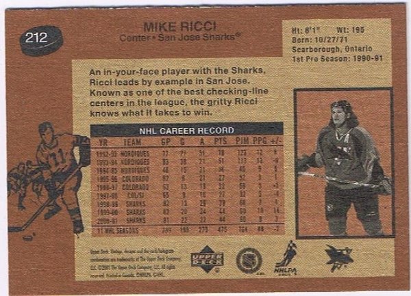 2001/2002 Upper Deck Vintage Mike Ricci San Jose Sharks