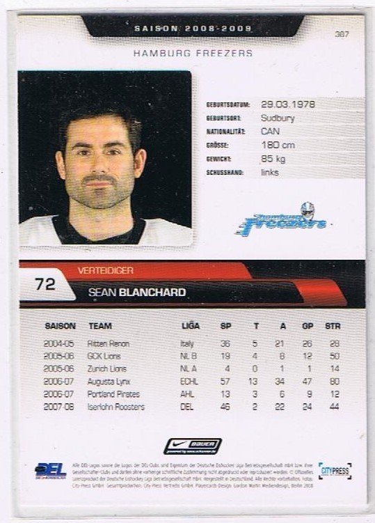 DEL Playerkarte 2008/2009 Sean Blanchard Hamburg Freezers #387