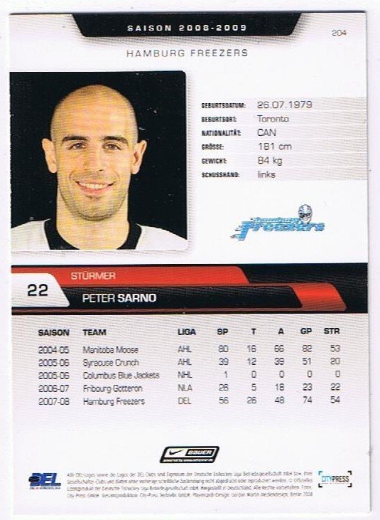 DEL Playerkarte 2008/2009 Peter Sarano Hamburg Freezers #204