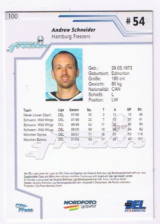 DEL Playerkarte 2002/2003 Andrew Schneider Hamburg Freezers