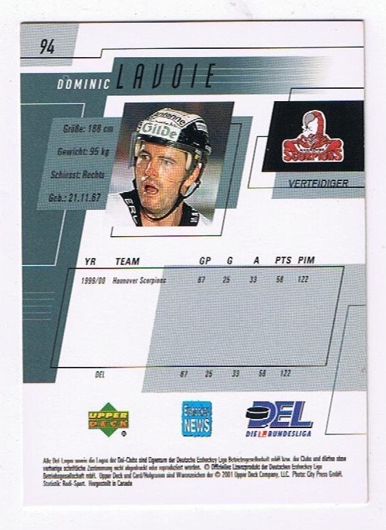 Playerkarte 2000/2001 Dominic Lavoie Hannover Scorpions