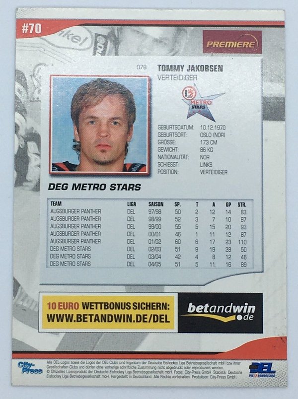 DEL Playerkarte 2005/2006 Tommy Jakobsen DEG Metrostars