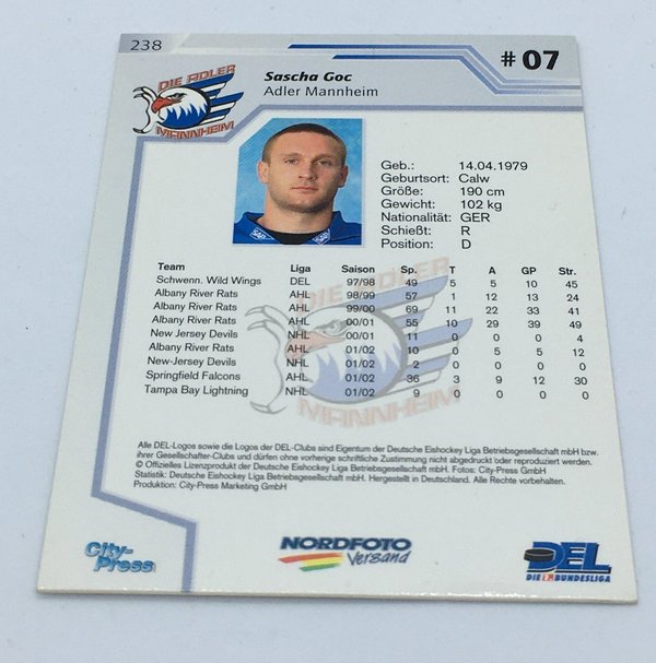 DEL Playerkarte 2002/2003 Sascha Goc Adler Mannheim